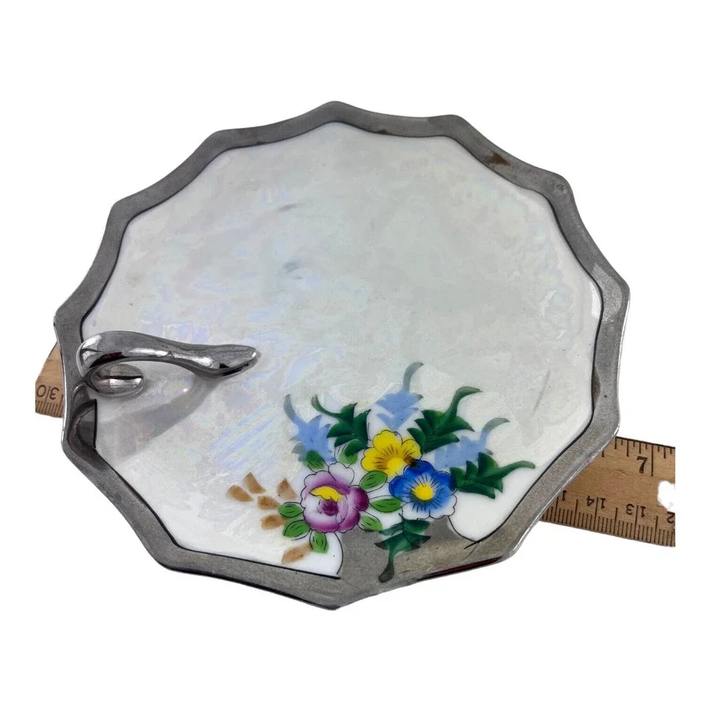 Lemon Server Nappy Dish Plate Silver Handle‎ Rising Sun Japan Luster Floral Vtg